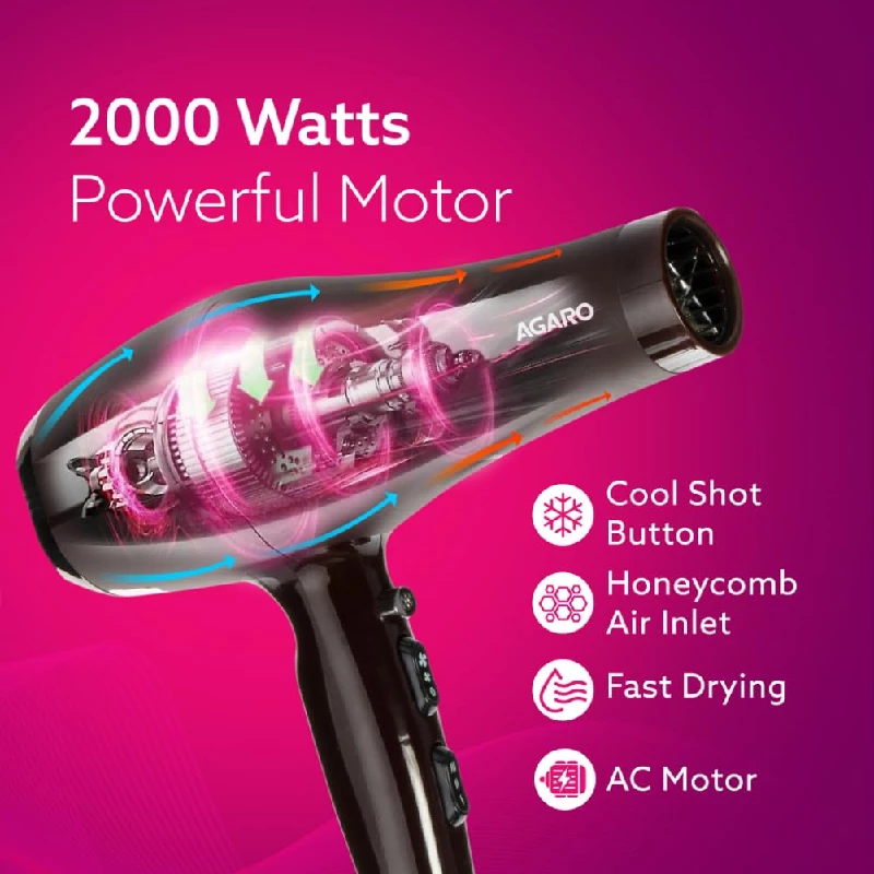 Agaro Professional Hair Dryer with Comb, Concentrator & Diffuser Nozzles, Hot & Cold Air - Image 3