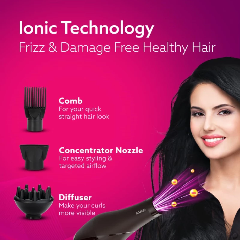 Agaro Professional Hair Dryer with Comb, Concentrator & Diffuser Nozzles, Hot & Cold Air - Image 4