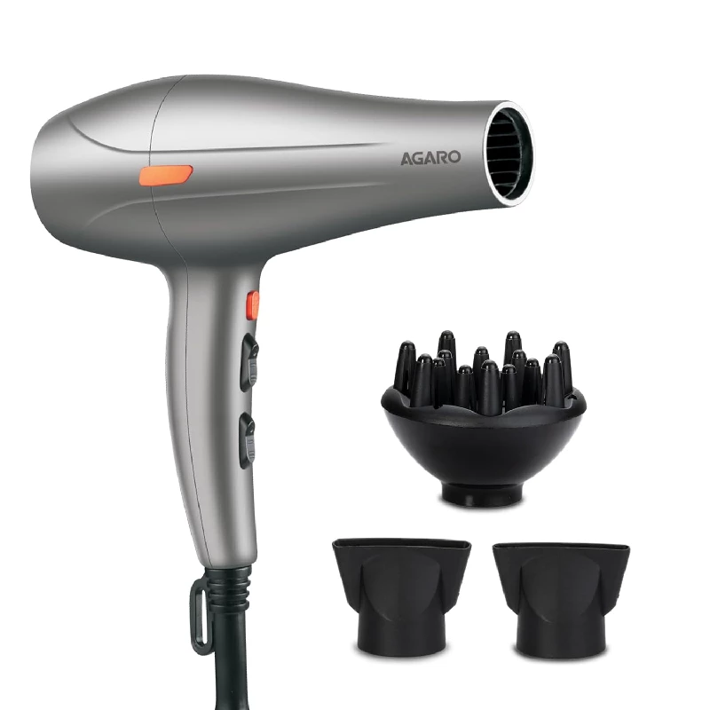 Agaro Professional Hair Dryer with AC Motor, 2 Concentrator Nozzle, Diffuser, Hot and Cold Air -Silver Agaro Professional Hair Dryer with AC Motor, 2 Concentrator Nozzle, Diffuser, Hot and Cold Air -Silver-Model No-HD1124-2400W