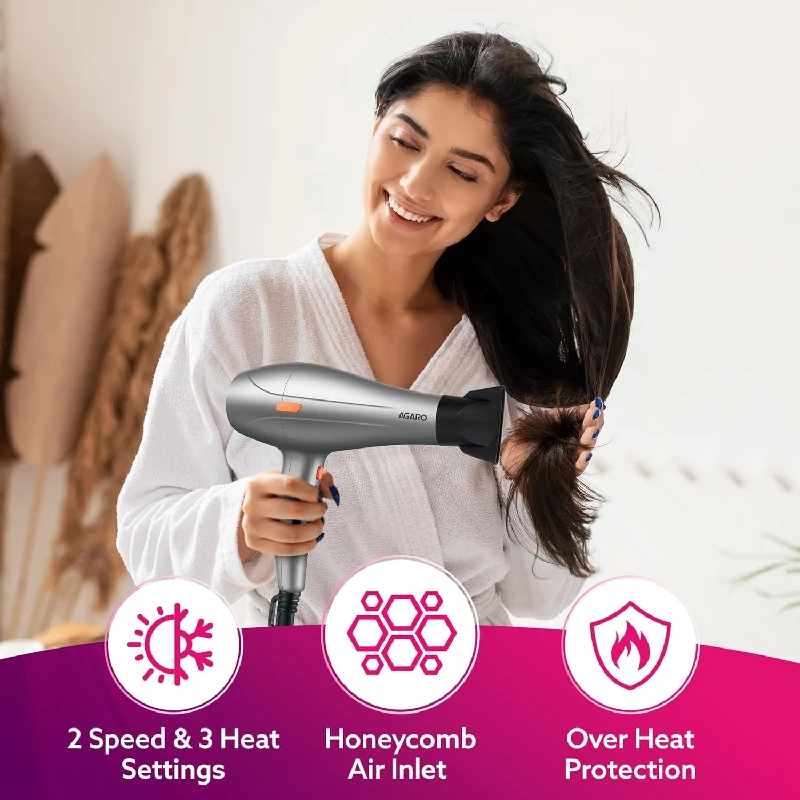 Agaro Professional Hair Dryer with AC Motor, 2 Concentrator Nozzle, Diffuser, Hot and Cold Air -Silver - Image 2