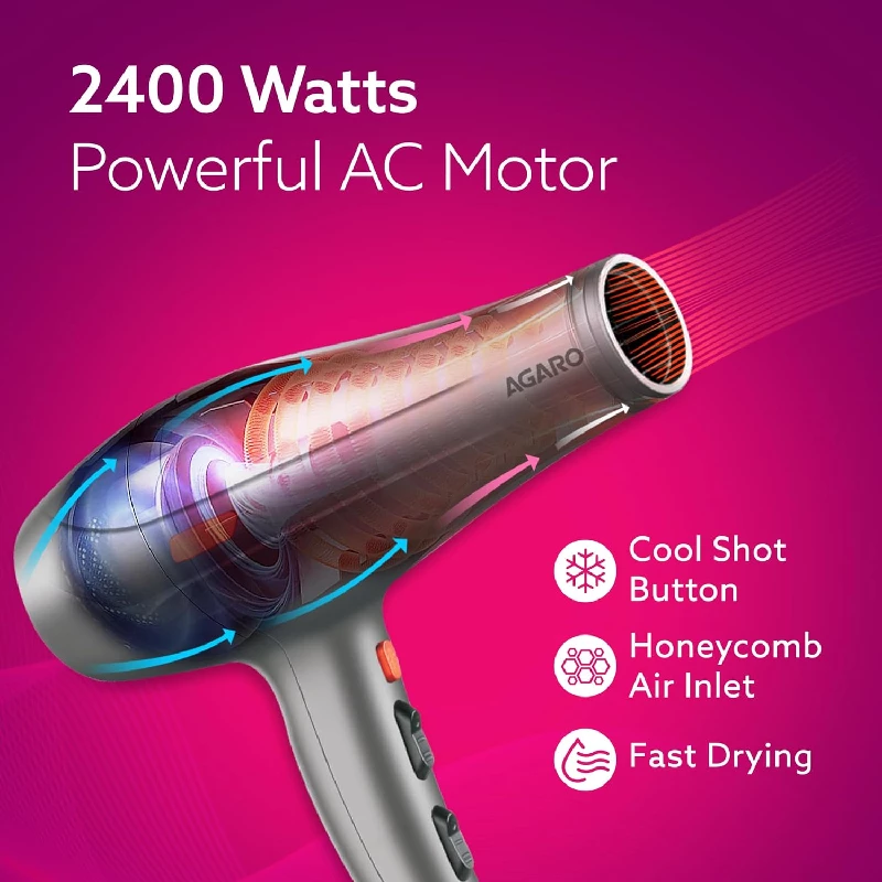Agaro Professional Hair Dryer with AC Motor, 2 Concentrator Nozzle, Diffuser, Hot and Cold Air -Silver - Image 4