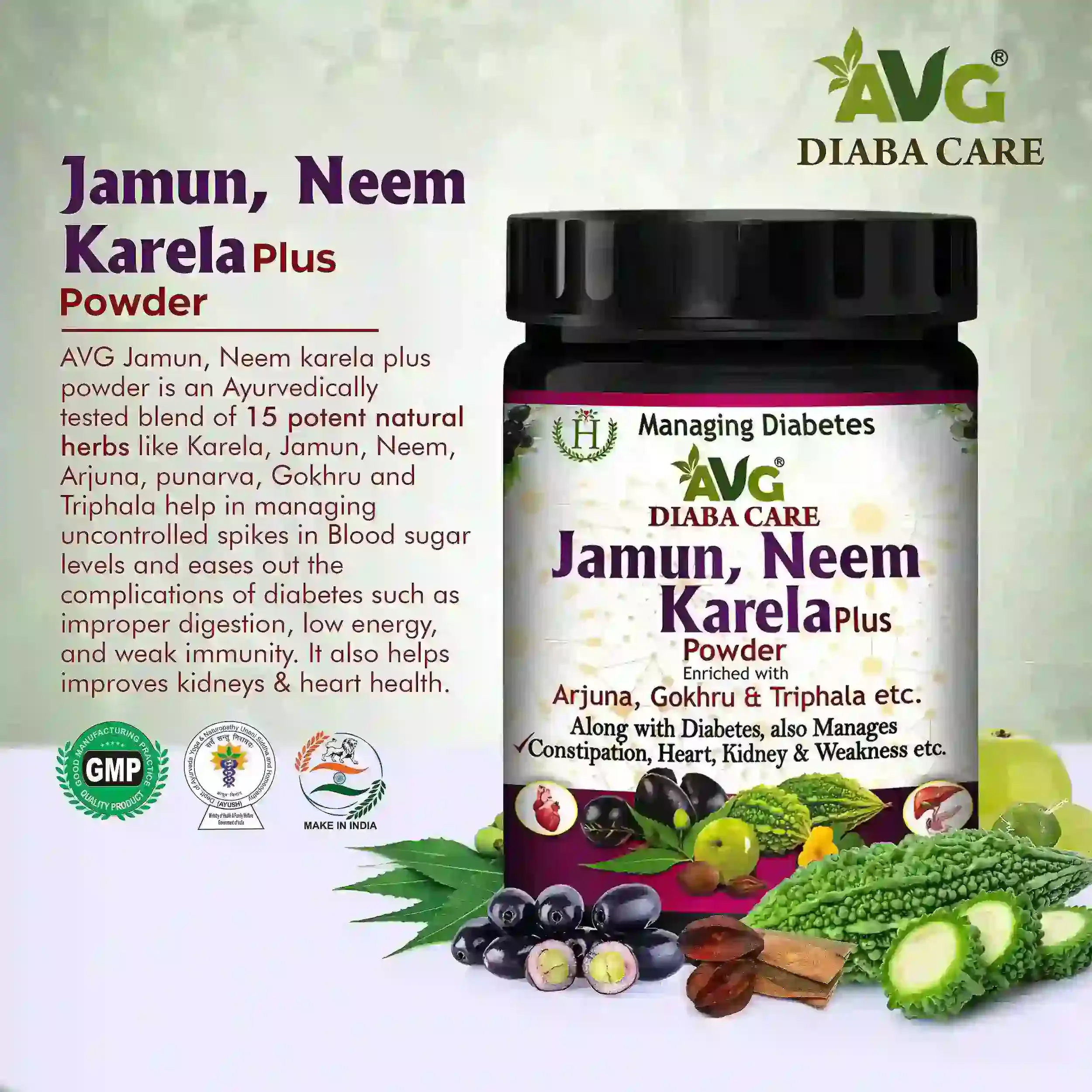 AVG Health Organics Diaba Care Jamun, Neem \u0026 Karela Plus Powder, image size:2500x2500