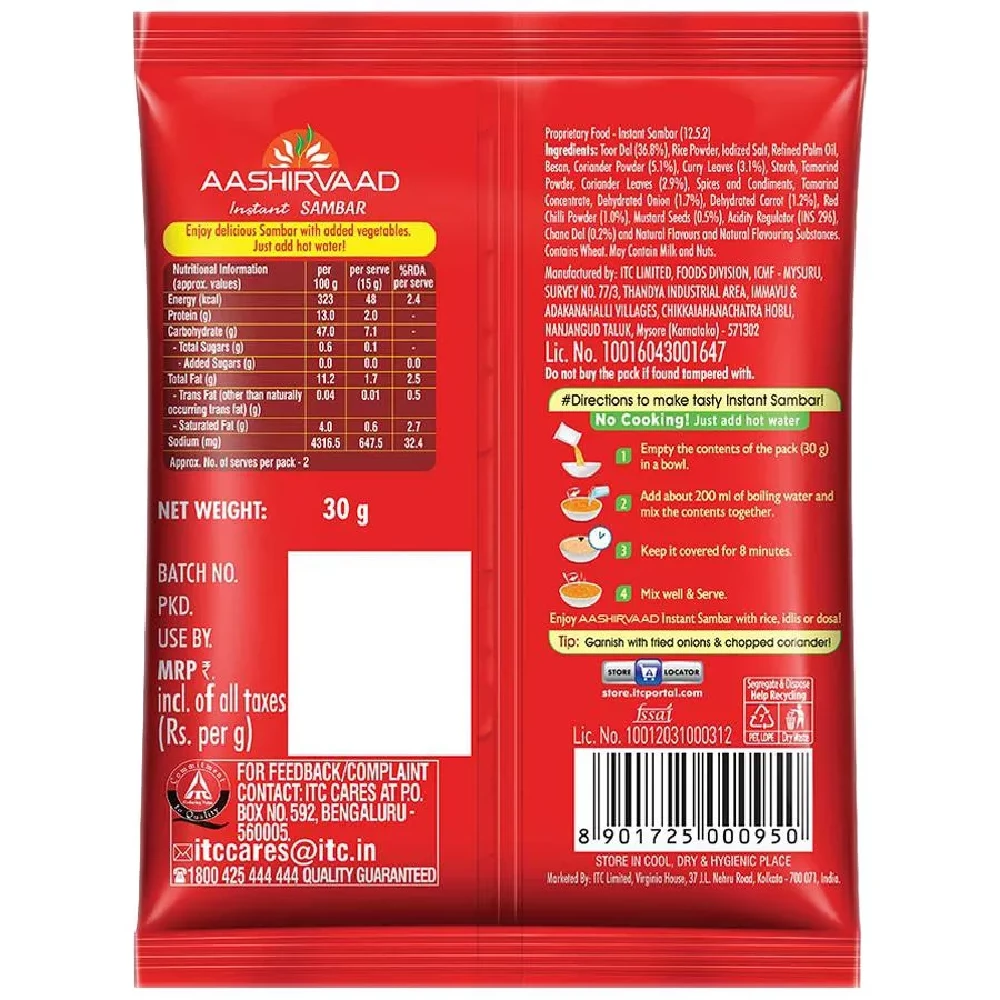 Aashirvaad Instant Sambhar With Added Vegetables - No Cooking, Just Add Hot Water - Image 3