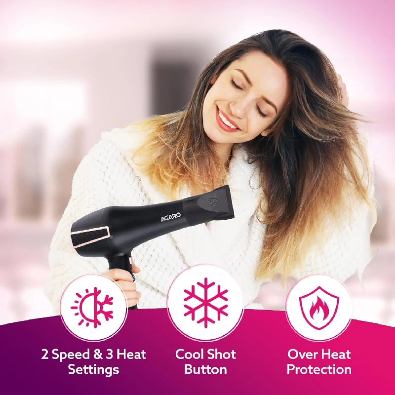 Agaro Professional Hair Dryer AC Motor, Concentrator Nozzle, Diffuser, Hot & Cold Air- Black - Image 2