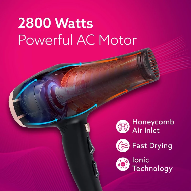 Agaro Professional Hair Dryer AC Motor, Concentrator Nozzle, Diffuser, Hot & Cold Air- Black - Image 3