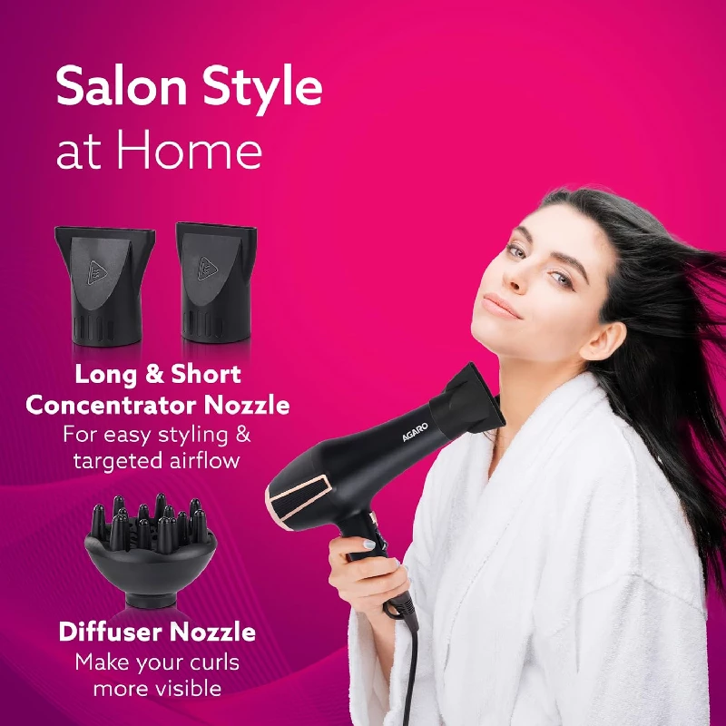 Agaro Professional Hair Dryer AC Motor, Concentrator Nozzle, Diffuser, Hot & Cold Air- Black - Image 4