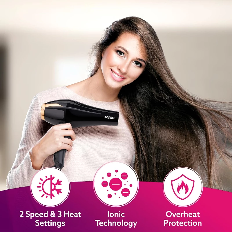 Agaro Professional Hair Dryer with AC Copper Motor, Concentrator, Diffuser, Comb, Hot & Cold Air-Black - Image 3