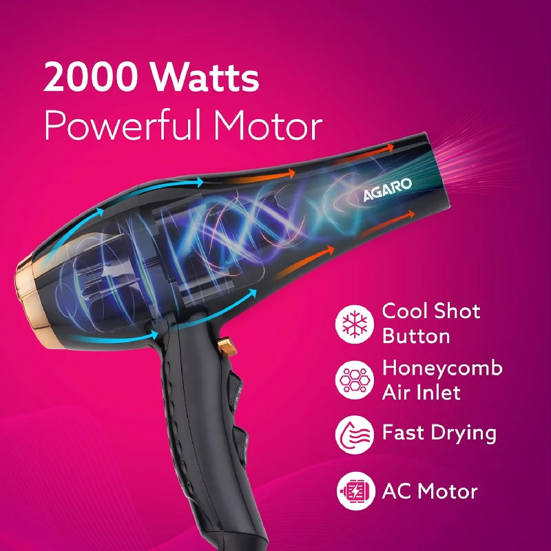 Agaro Professional Hair Dryer with AC Copper Motor, Concentrator, Diffuser, Comb, Hot & Cold Air-Black - Image 4