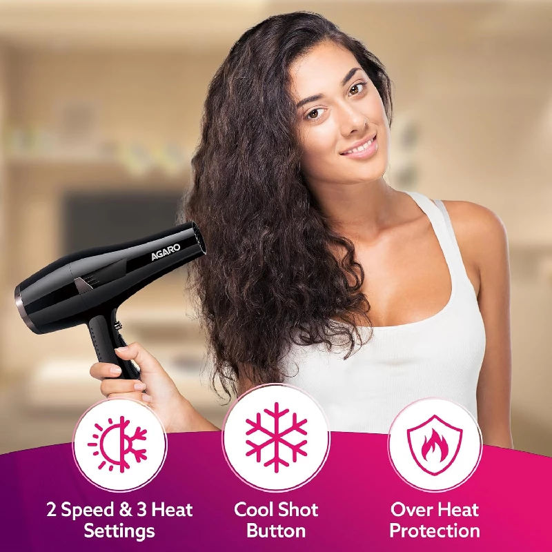 Agaro Professional Hair Dryer with Concentrator, Diffuser & Cool Shot Button- Black - Image 2