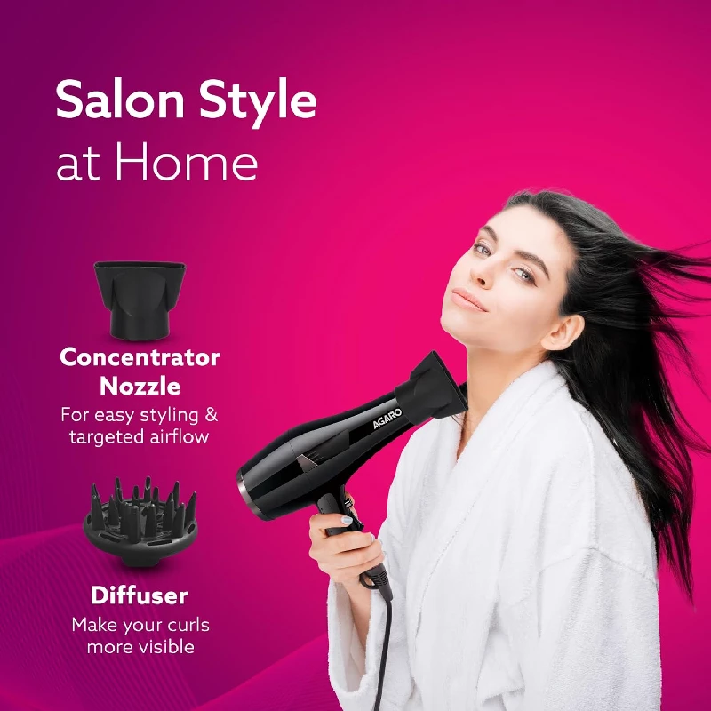 Agaro Professional Hair Dryer with Concentrator, Diffuser & Cool Shot Button- Black - Image 3