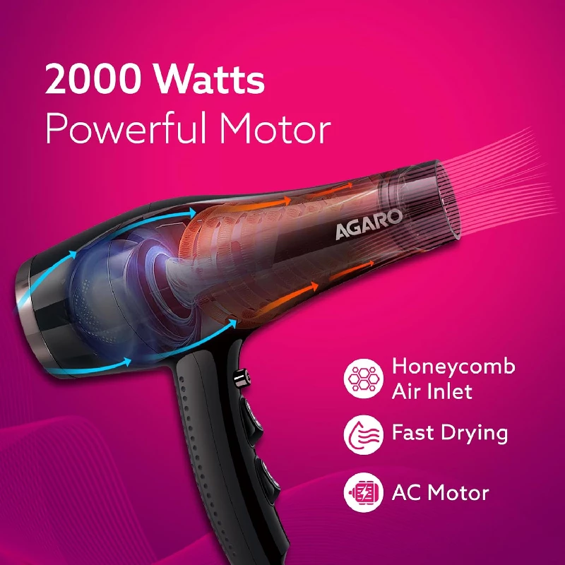 Agaro Professional Hair Dryer with Concentrator, Diffuser & Cool Shot Button- Black - Image 4