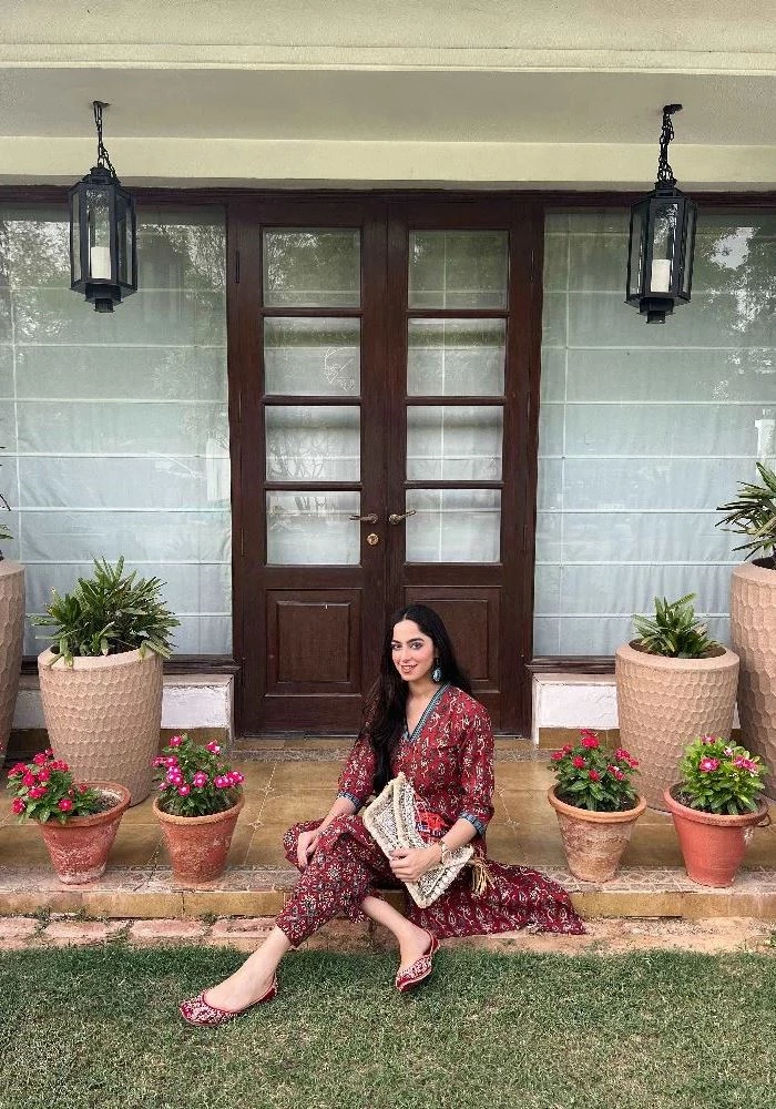 Ajrakh Hand Block Printed V-neck Red-Kurti Set - Image 1