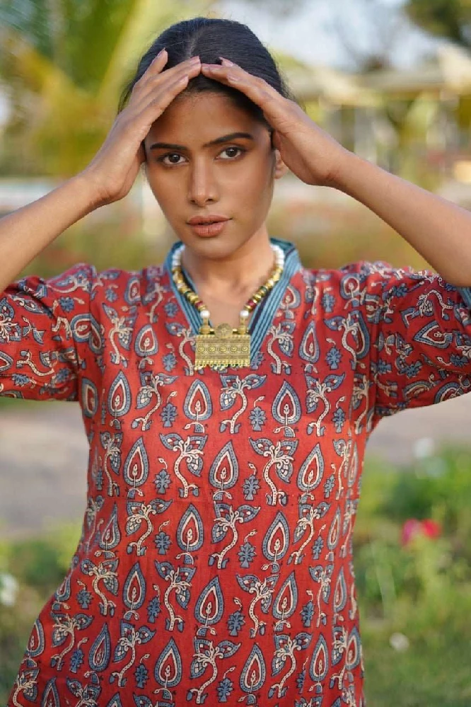 Ajrakh Hand Block Printed V-neck Red-Kurti Set - Image 2