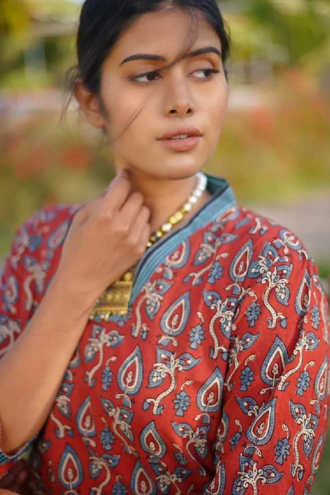 Ajrakh Hand Block Printed V-neck Red-Kurti Set - Image 3