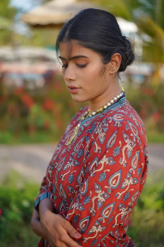 Ajrakh Hand Block Printed V-neck Red-Kurti Set - Image 4