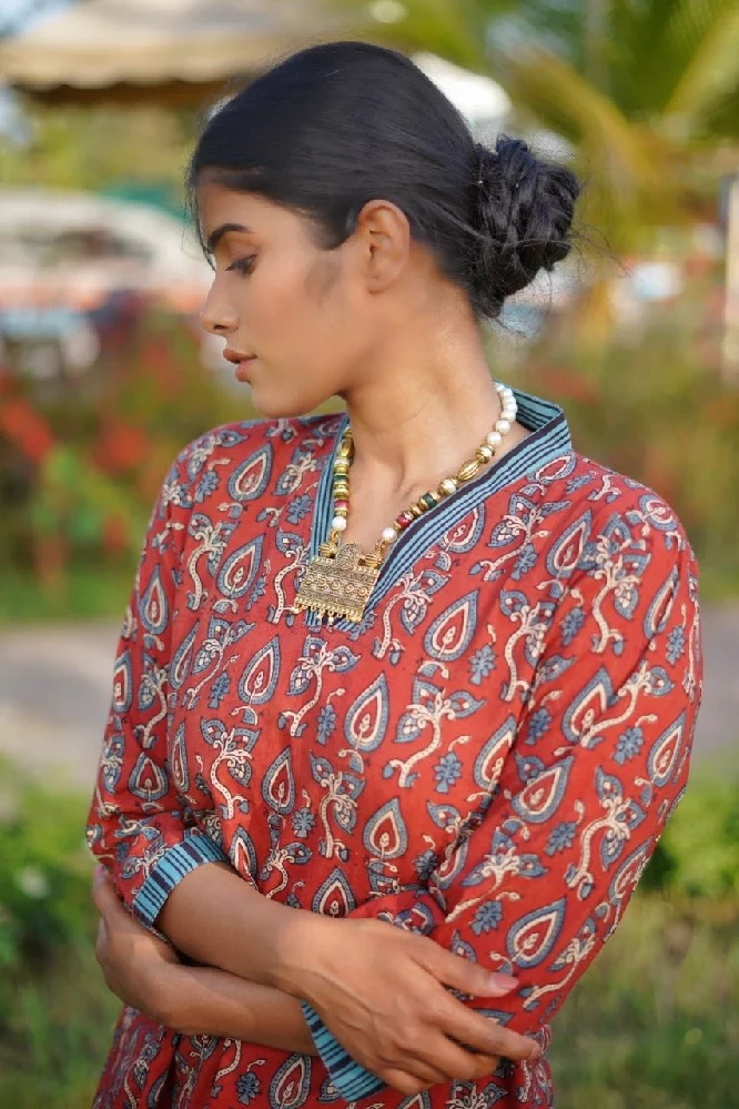 Ajrakh Hand Block Printed V-neck Red-Kurti Set - Image 6