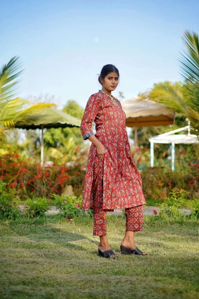 Ajrakh Hand Block Printed V-neck Red-Kurti Set - Image 8