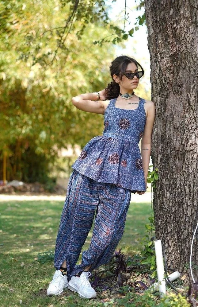 Ajrakh Hand Block-Printed baby-blue Cotton Handloom Top