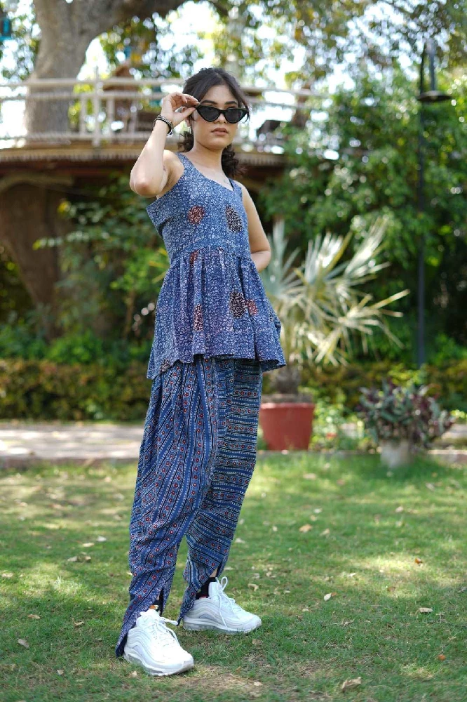 Ajrakh Hand Block-Printed baby-blue Cotton Handloom Top - Image 4