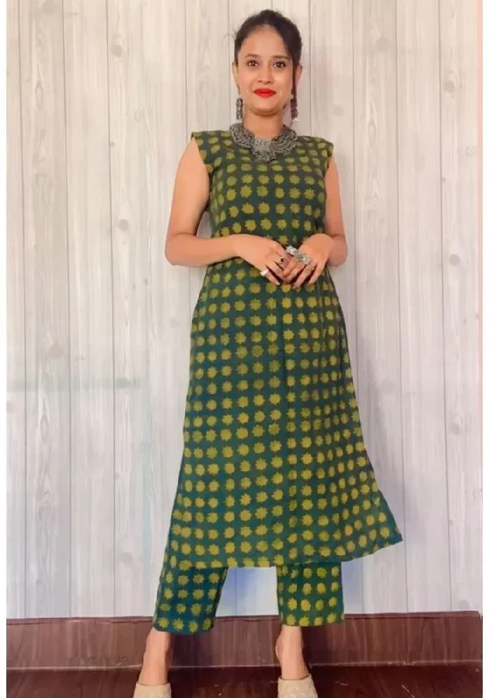 Ajrakh Hand-Block Print cotton Green Handloom Kurti
