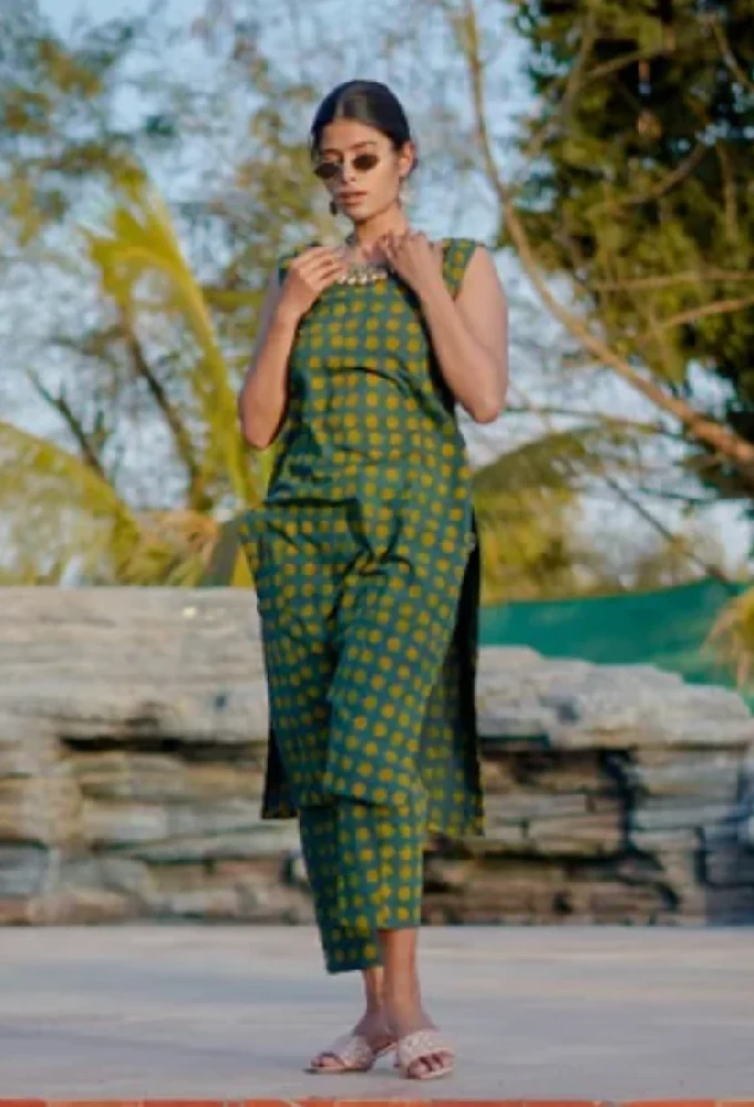 Ajrakh Hand-Block Print cotton Green Handloom Kurti - Image 12