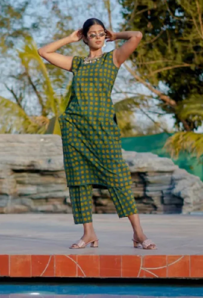 Ajrakh Hand-Block Print cotton Green Handloom Kurti - Image 13