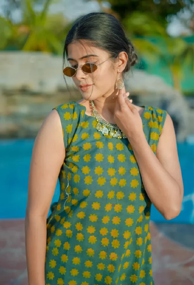Ajrakh Hand-Block Print cotton Green Handloom Kurti - Image 2