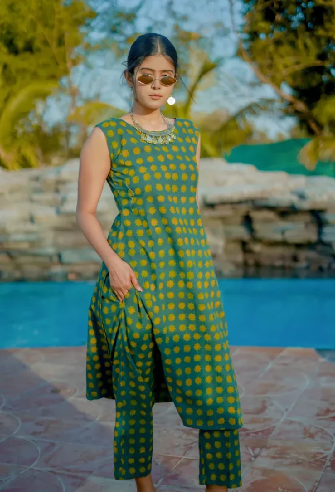 Ajrakh Hand-Block Print cotton Green Handloom Kurti - Image 3