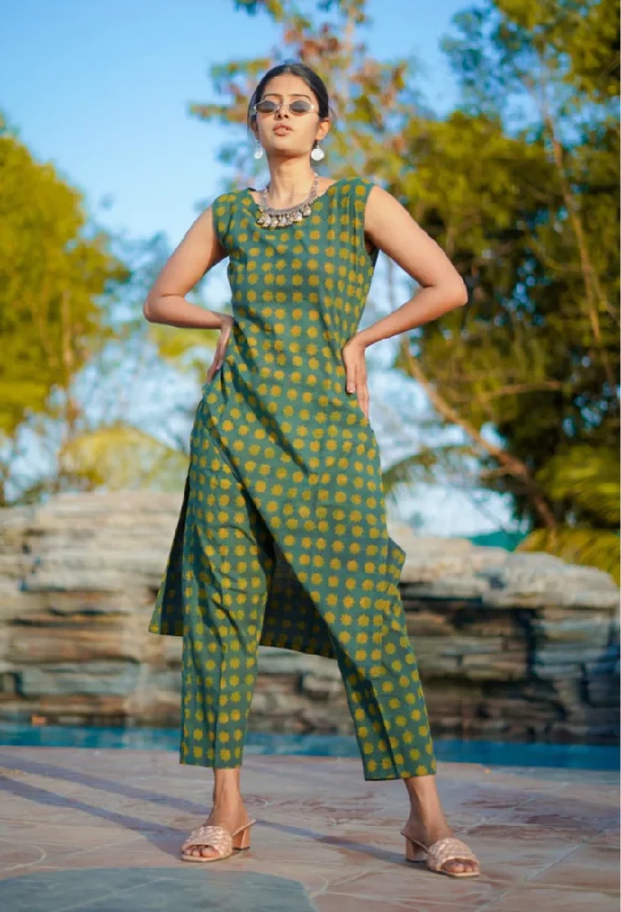 Ajrakh Hand-Block Print cotton Green Handloom Kurti - Image 6