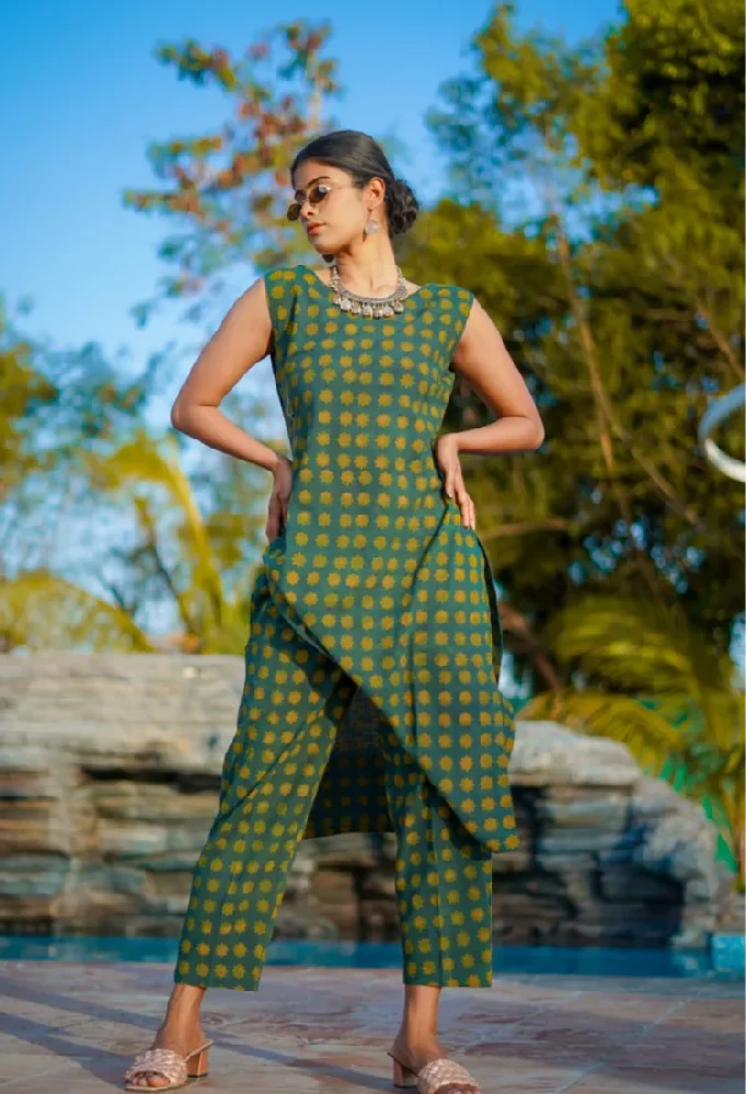 Ajrakh Hand-Block Print cotton Green Handloom Kurti - Image 7