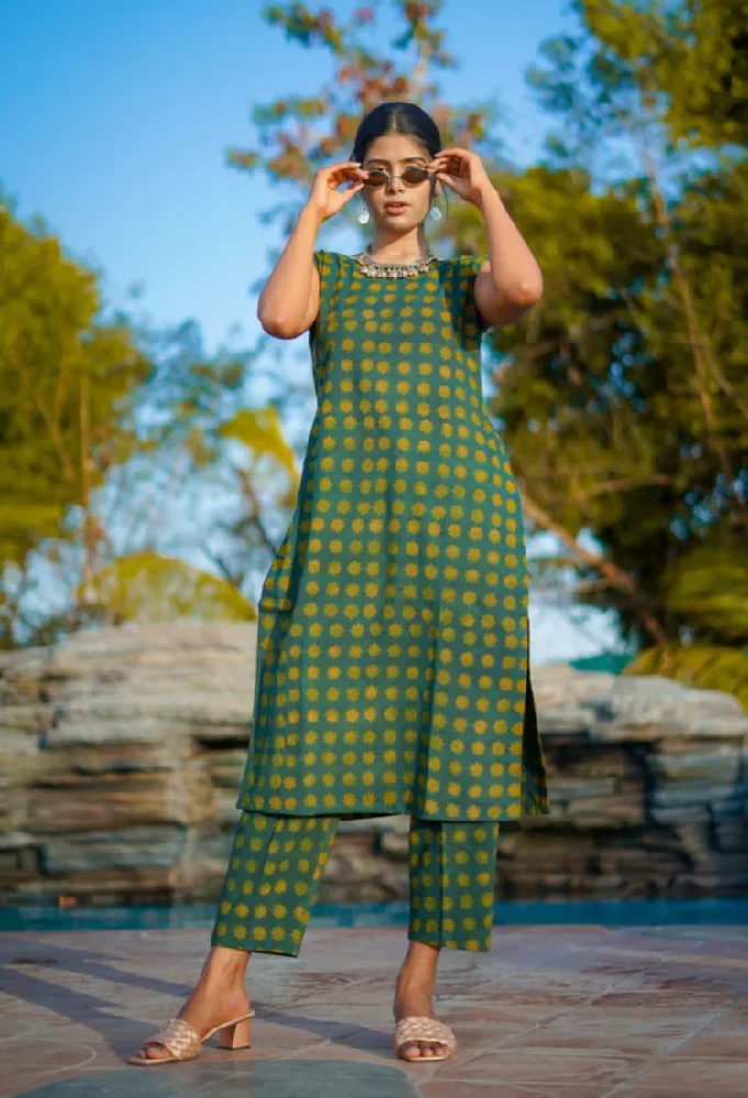 Ajrakh Hand-Block Print cotton Green Handloom Kurti - Image 8
