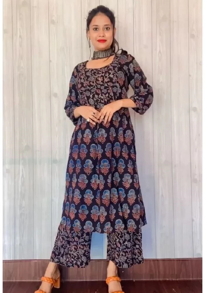 Ajrakh Hand-Block Printed Black Handloom Kurti Set
