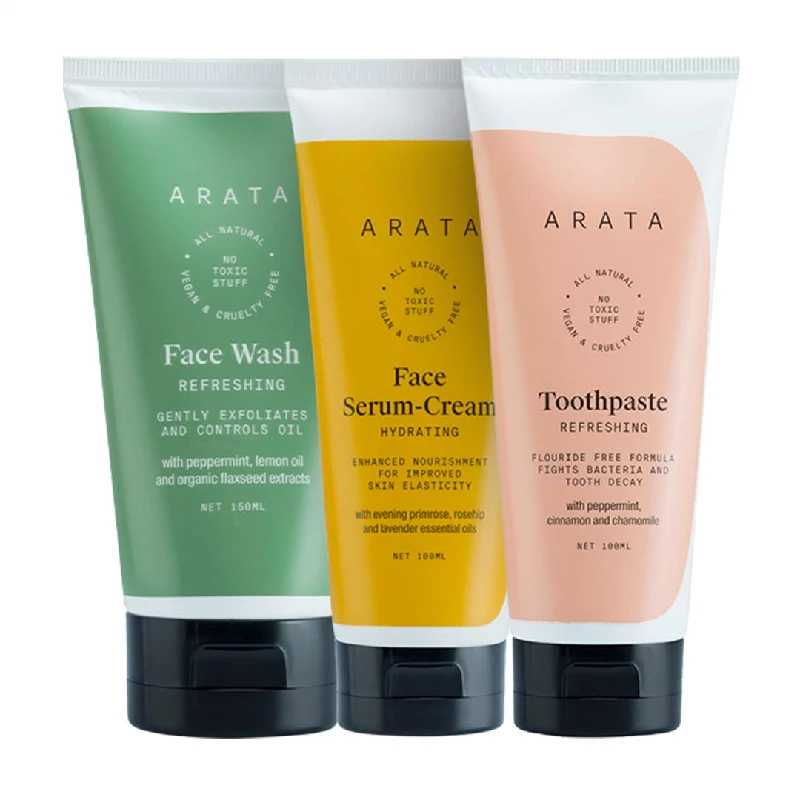 Arata Natural Essential Morning Regime With Facewash, Face Serum-Cream & Toothpaste Arata Natural Essential Morning Regime With Facewash, Face Serum-Cream & Toothpaste-Pack Size-Combo of 3