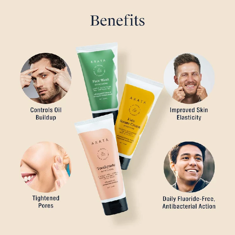 Arata Natural Essential Morning Regime With Facewash, Face Serum-Cream & Toothpaste - Image 2