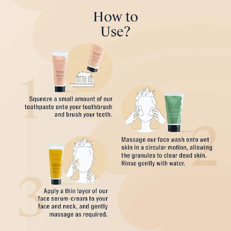 Arata Natural Essential Morning Regime With Facewash, Face Serum-Cream & Toothpaste - Image 4