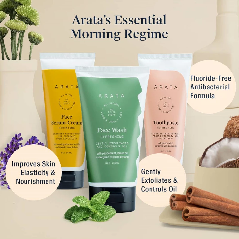 Arata Natural Essential Morning Regime With Facewash, Face Serum-Cream & Toothpaste - Image 5