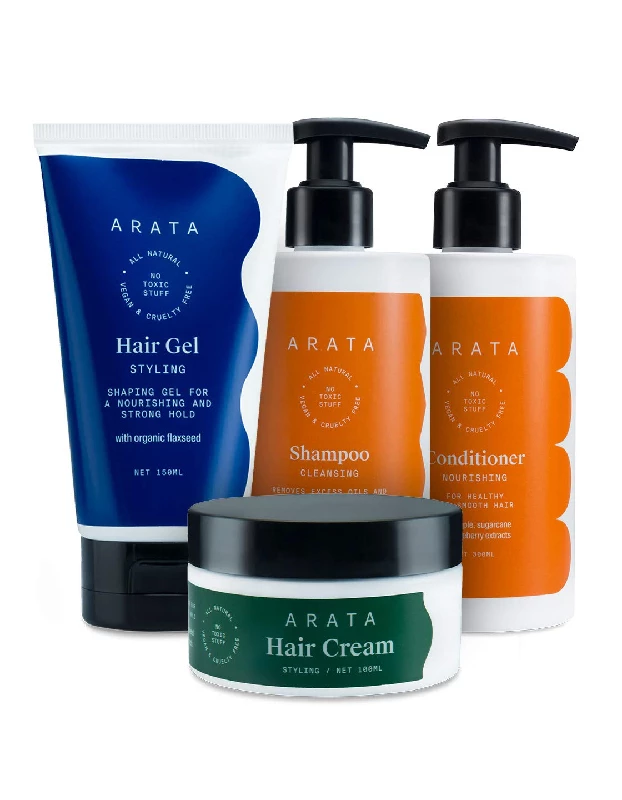 Arata Natural Hair Care Essentials For Women & Men With Cleansing Shampoo, Conditioner, Hair Gel & Hair Cream Arata Natural Hair Care Essentials For Women & Men With Cleansing Shampoo, Conditioner, Hair Gel & Hair Cream-Pack Size-Combo of 4