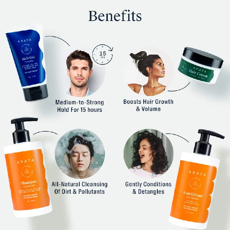 Arata Natural Hair Care Essentials For Women & Men With Cleansing Shampoo, Conditioner, Hair Gel & Hair Cream - Image 2