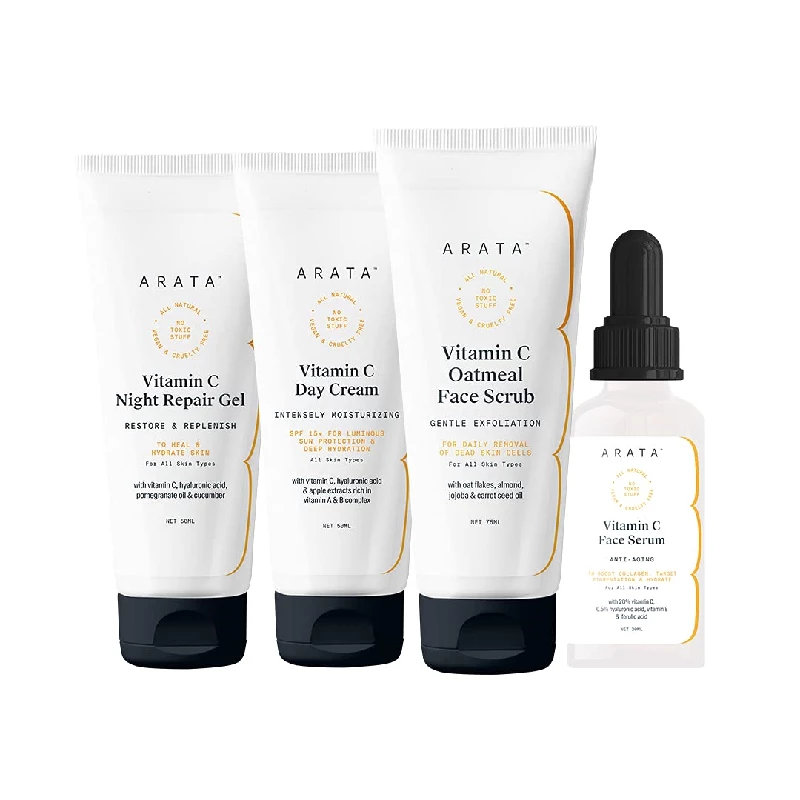 Arata Vitamin C Overnight Face Care Regime With Vitamin C Oatmeal Scrub, Face Serum, Day Cream & Night Repair Gel Arata Vitamin C Overnight Face Care Regime With Vitamin C Oatmeal Scrub, Face Serum, Day Cream & Night Repair Gel-Pack Size-Combo of 4