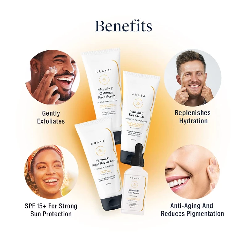 Arata Vitamin C Overnight Face Care Regime With Vitamin C Oatmeal Scrub, Face Serum, Day Cream & Night Repair Gel - Image 4