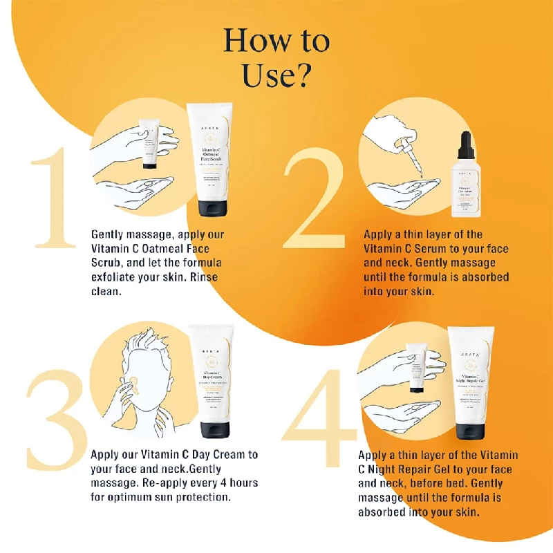 Arata Vitamin C Overnight Face Care Regime With Vitamin C Oatmeal Scrub, Face Serum, Day Cream & Night Repair Gel - Image 5