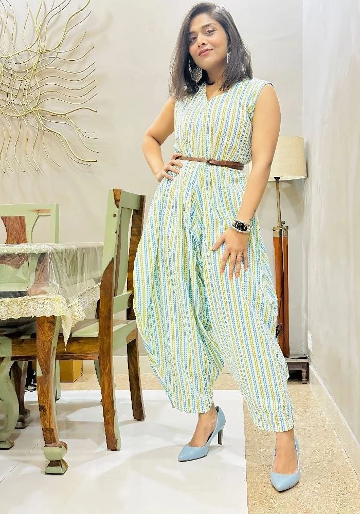 Arctic Blue Dhoti Style Jumpsuit with Yellow Stripes - Image 1