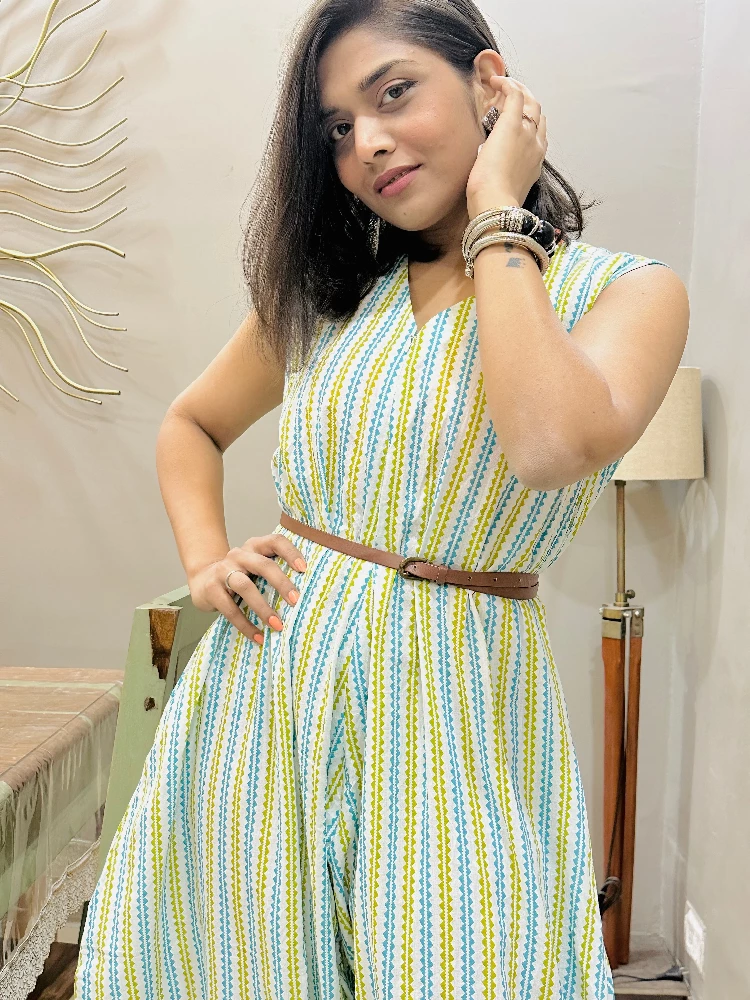 Arctic Blue Dhoti Style Jumpsuit with Yellow Stripes - Image 4