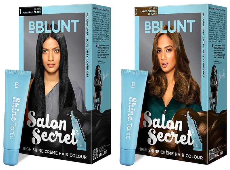 BBLUNT Salon Secret Shine Creme Hair Colour Honey Light Golden Brown 5.32 & Natural Black 1 With Shine Tonic