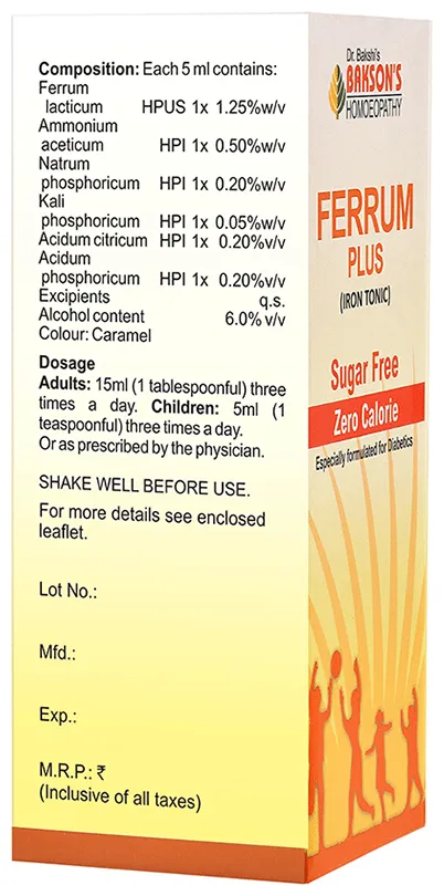 Bakson's Homoeopathy Ferrum Plus Iron Tonic Sugar Free - Image 2