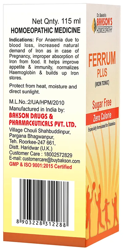 Bakson's Homoeopathy Ferrum Plus Iron Tonic Sugar Free - Image 3