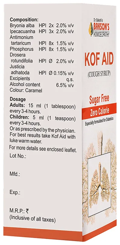 Bakson's Homoeopathy Kof Aid Cough Syrup Sugar Free - Image 2