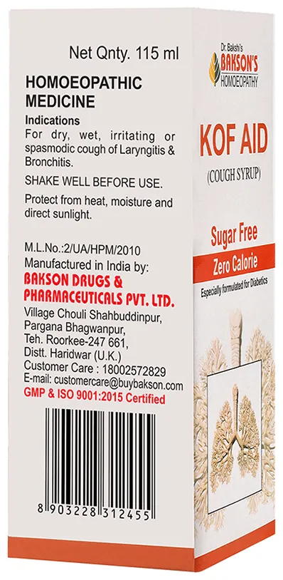 Bakson's Homoeopathy Kof Aid Cough Syrup Sugar Free - Image 3