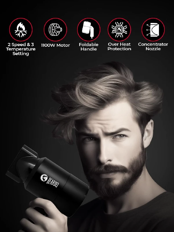 Beardo 1100 Watts Styling Gun Ultra Compact Foldable Hair Dryer Black - Image 2