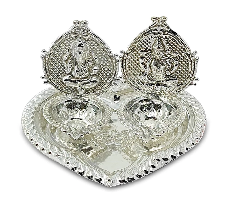 Bengalen German Silver Diya with Red Velvet Gift Box Ganesh Lakshmi Design Idol Dia - Image 2